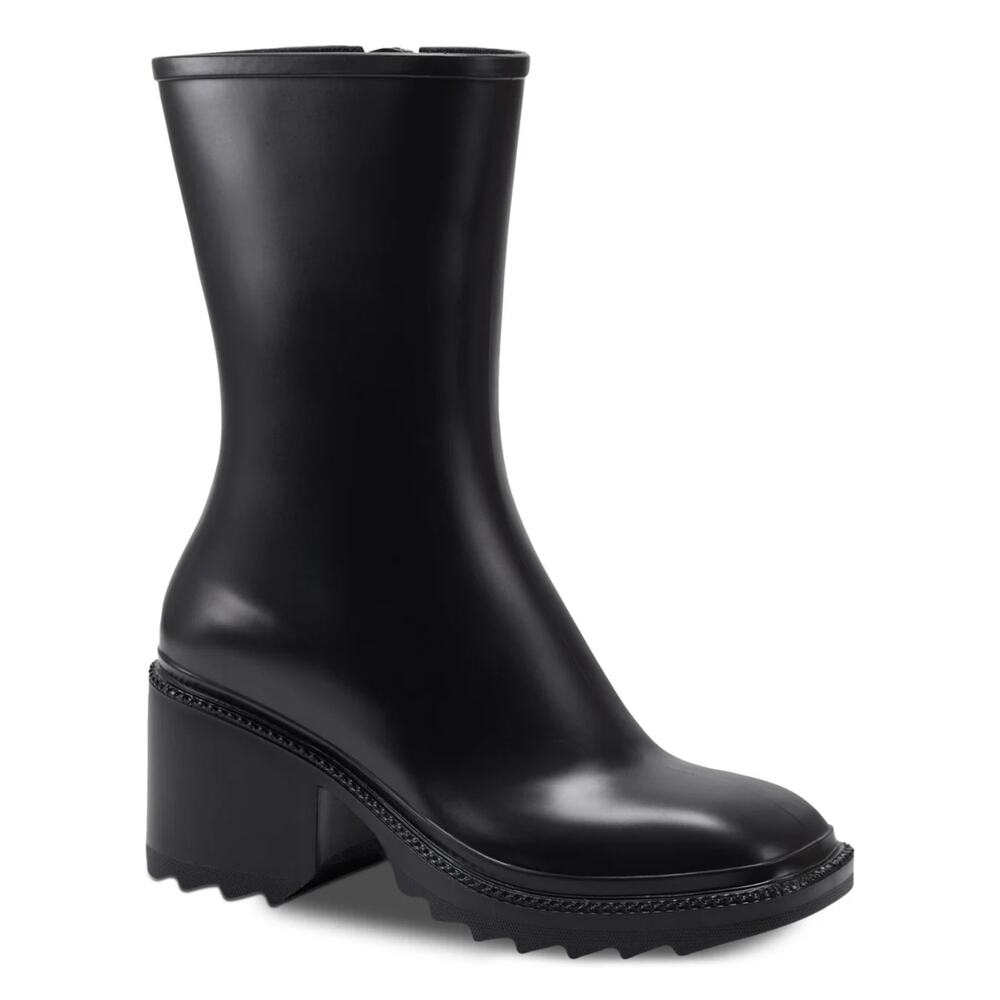 Women's Black Cushioned Everett Square Toe Block Heel Zip-Up Rain Boots, Size 7M
